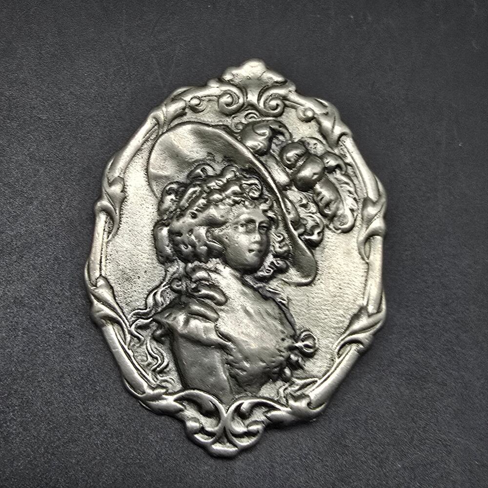 Art Nouveau Pewter Victorian Woman Brooch Silver Plated